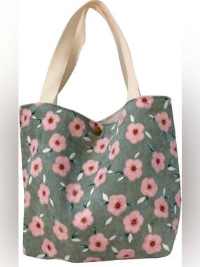 Floral Canvas Tote Bag in Sage Green and Pink